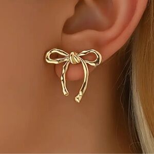 Vintage Elegant Gold Bow Earrings Stainless Steel Posts